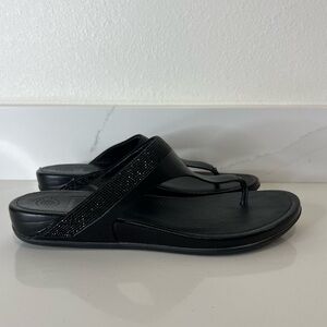 Fitflop Womens Banda Micro-Crystal Black Leather Toe Post Sandals Size 10